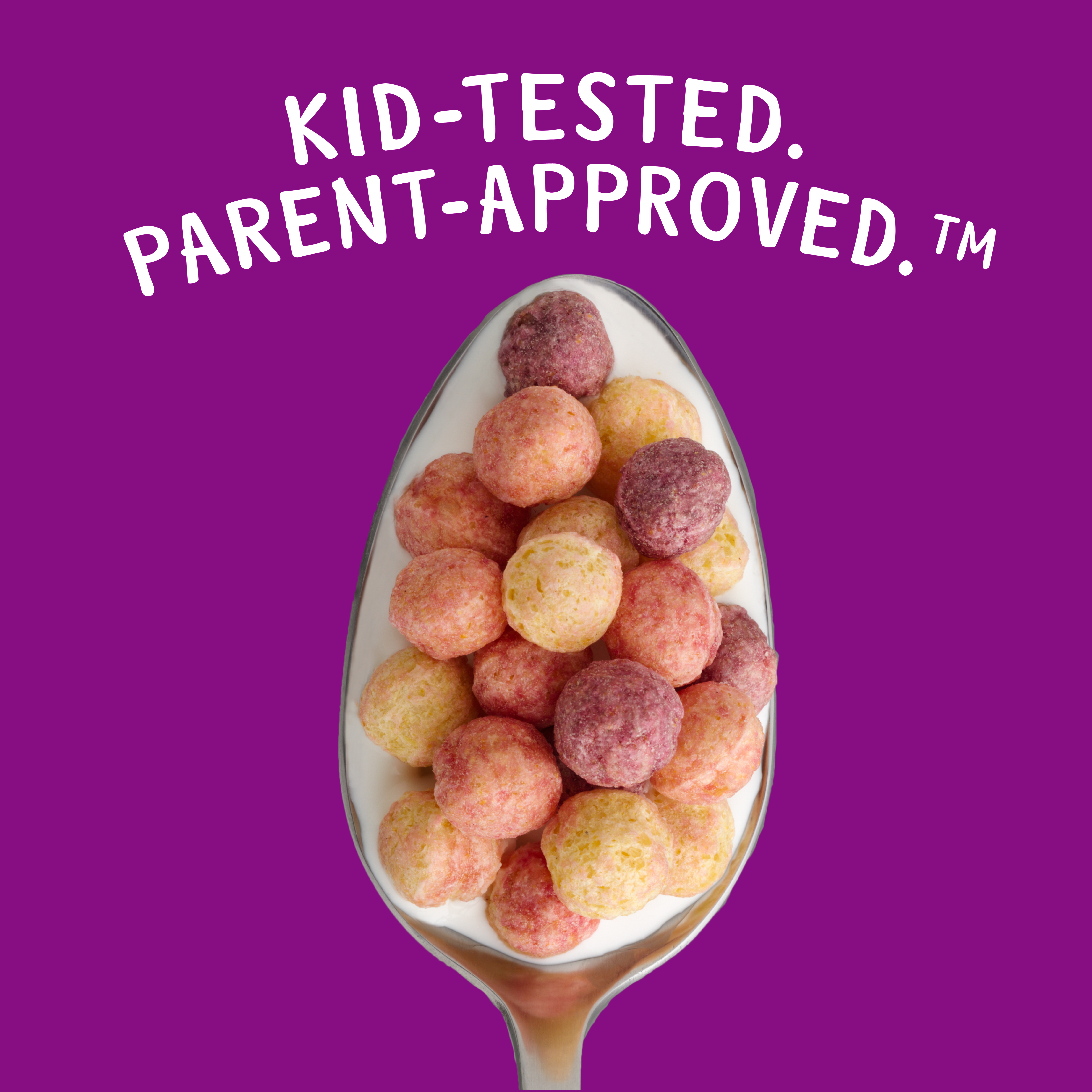 Spoonful of Berry Kix with slogan "Kid-tested. Parent-approved."