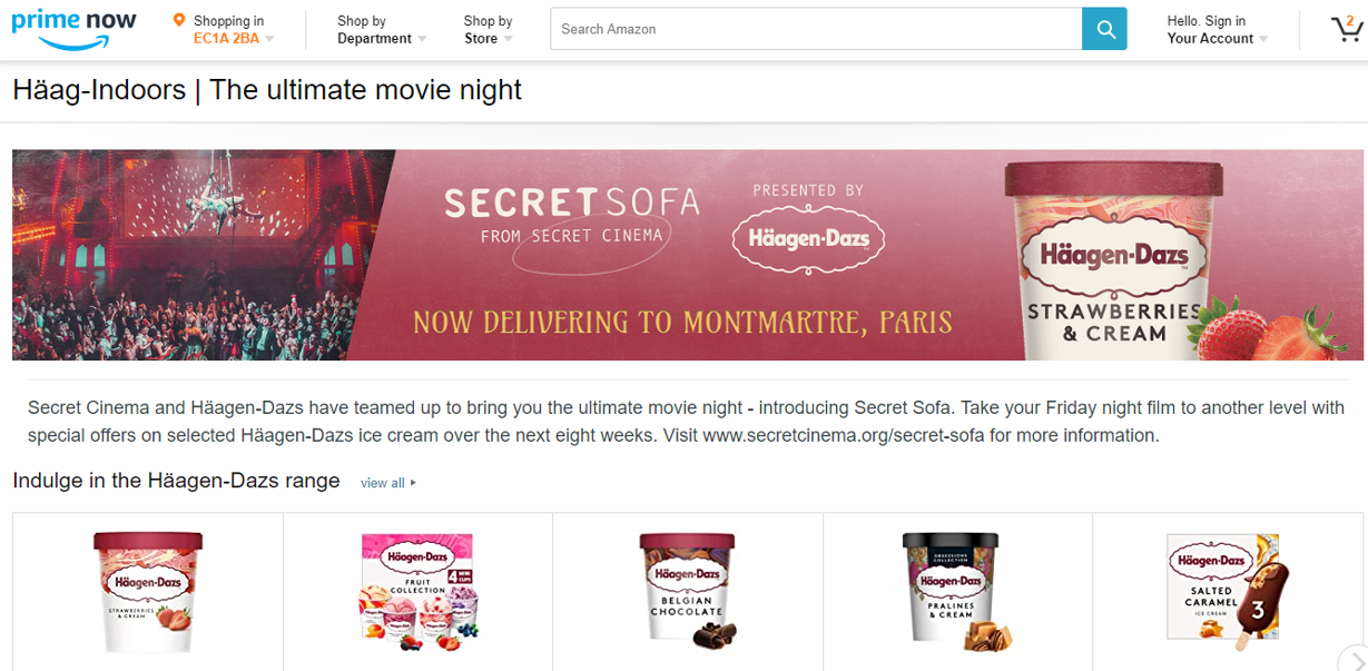Amazon Prime landing page for Haagen Dazs products