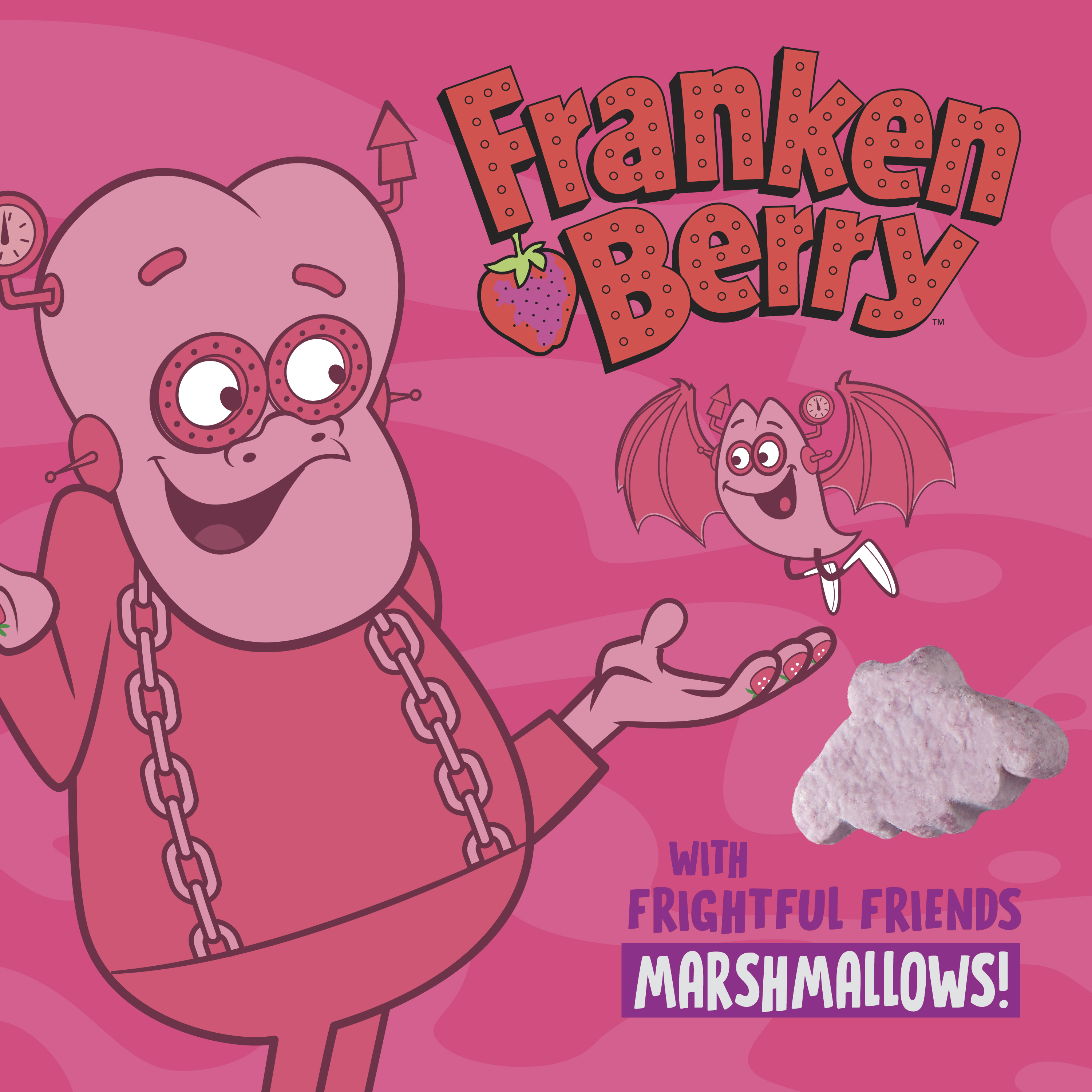 Franken Berry excitedly presenting his pet Bennie the Bat alongside a bat-shaped marshmallow. The image reads "with Frightful Friends Marshmallows!" set against a pink two-toned background.